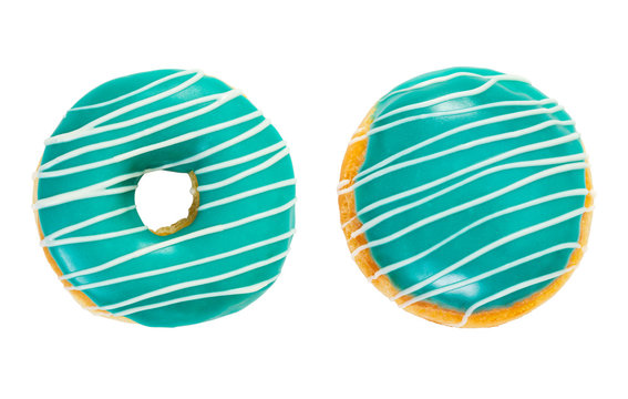 Two donuts turquoise color with white stripes