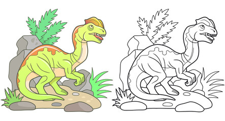 cartoon predatory Dilophosaurus, linear illustration.
