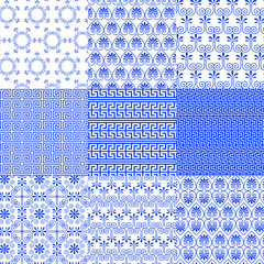 Vector collection of Greek traditional and modern seamless patterns for decoration background, textile, fashion design. Set of geometric ornaments in blue and white colors