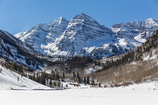 Maroon Bells Mountains on a Sunny Winter Day