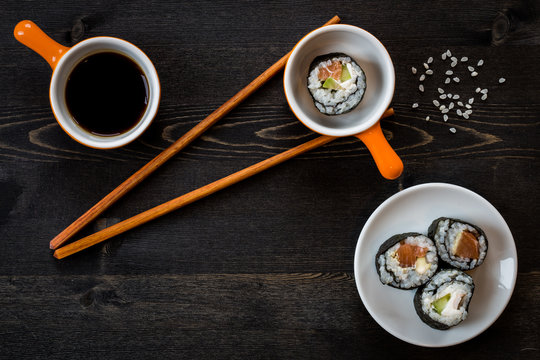 sushi meal on dark table