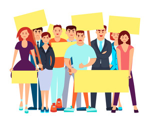 Fototapeta premium Group of angry people with placards protested. Vector illustration