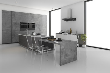 3d rendering minimal loft concrete kitchen and dining room