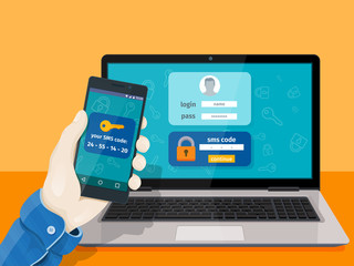 Flat man sitting at desktop and getting access to the website. 2-step authentication SMS code password concept. Secure and reliable access to the network. Hand with phone vector illustration.
