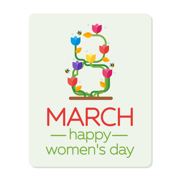 8 March Women's Day greeting card template. Green figure eight and a bouquet colored tulips. Vector illustration