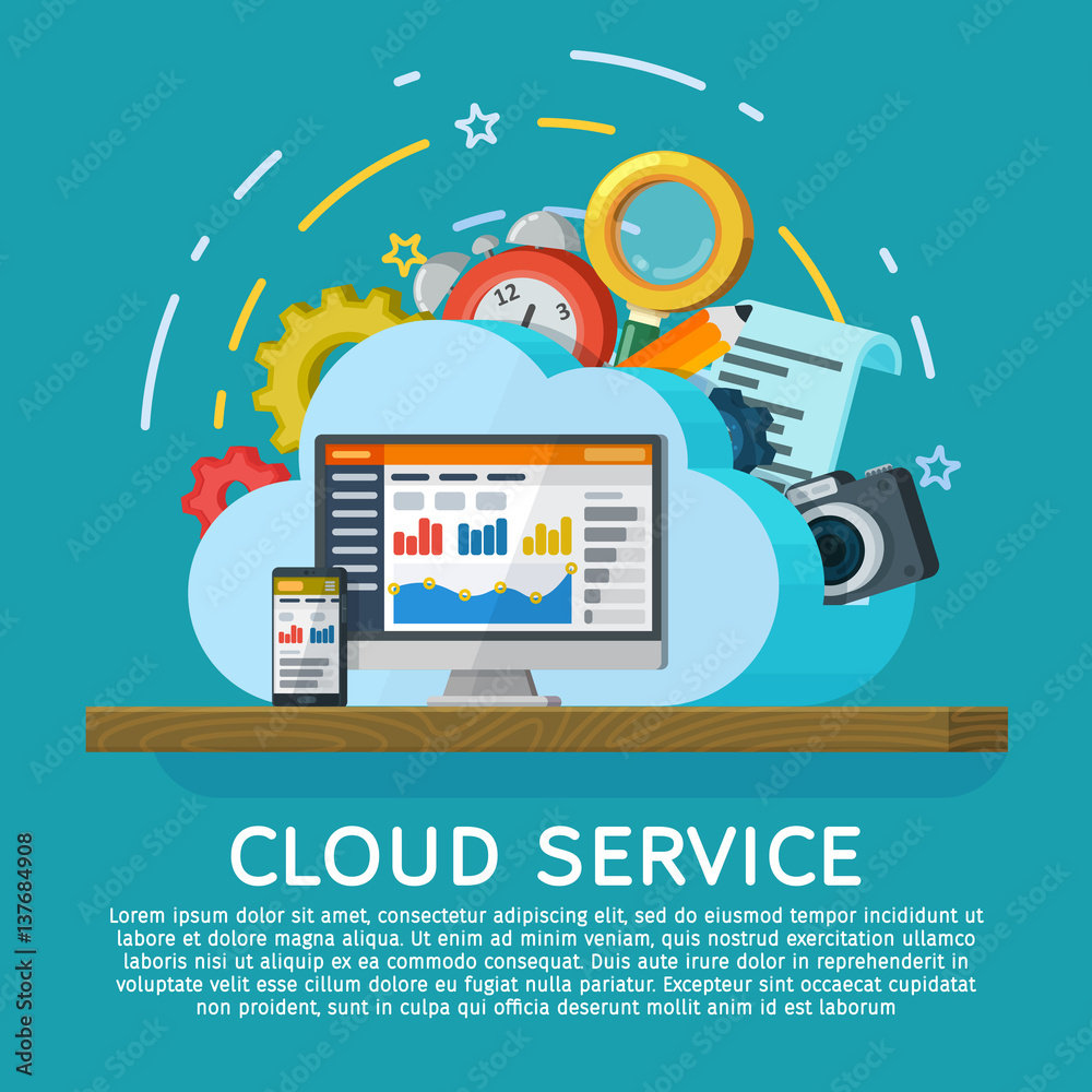 Fototapete cloud computing services banner in flat style. networking communication and data icons. data provisi