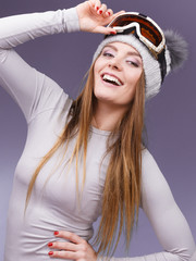 woman in thermal underwear ski googles