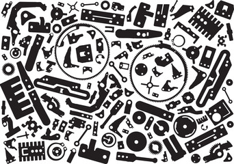 Silhouettes of abstract mechanical parts. Plates, cogwheels, levers and clutches for construction machinery design.