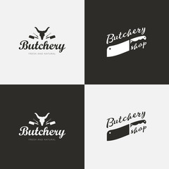 Set of butchery logo templates. Butchery labels with sample text. Butchery design elements and farm animals silhouettes for groceries, meat stores, packaging and advertising.