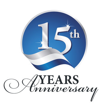 Anniversary 15 th years celebrating logo silver white blue ribbon background