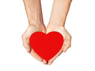 red heart in man hands isolated on white