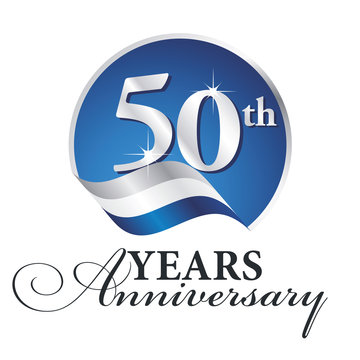 Anniversary 50 th years celebrating logo silver white blue ribbon background