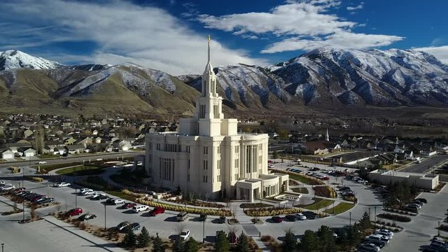 Aerial Payson Utah LDS Mormon Church Temple mountains. The Church of Jesus Christ of Latter-day Saints, LDS or Mormon Church. International Christian religion. Membership of over 16 million.