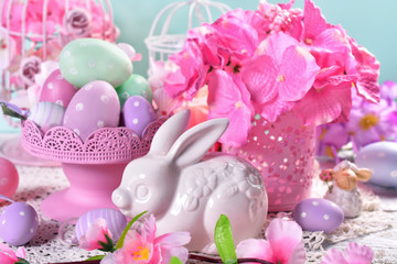 easter table decoration in pastel colors