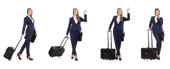 Young businesswoman with suitcase isolated on white