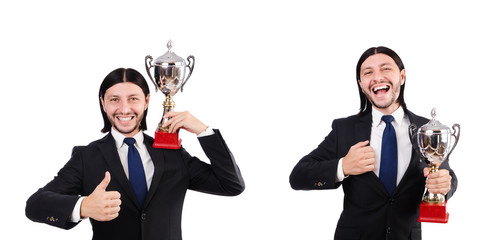 Businessman awarded with prize cup isolated on white