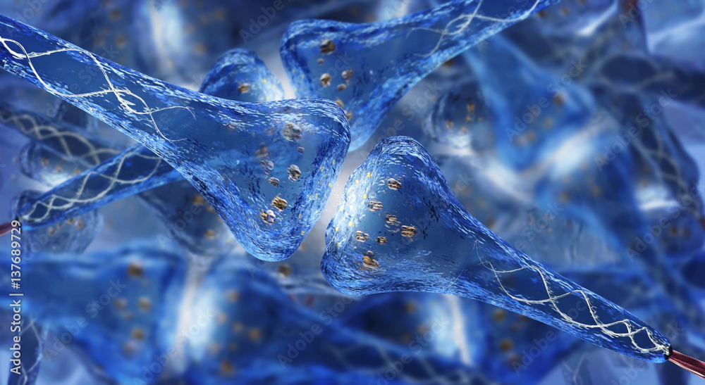 Fototapete synaptic process - human nervous system showing neurons and electrical transmission - 3d rendered im