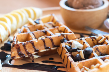 delicious sweet dessert : homemade waffle with chocolate sauce