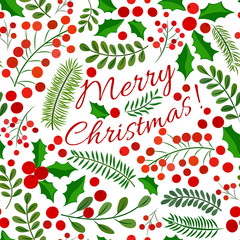 Seamless Christmas pattern with branches, leaves, red berries and the text Merry Christmas