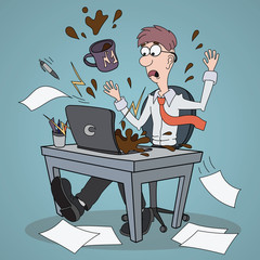 Frustrated scared Business Man Cartoon Character Pouring Coffee on Laptop Man at the table in the office working on computer Falling documents papers flying documents throwing dropping papers