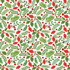 Seamless Christmas pattern with fir twigs, leaves puansetii (holly), mountain ash berries in green and red.