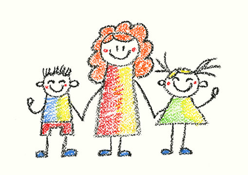 Nurse, educator, teacher or mother with children Small boy and girl with woman Kids drawing