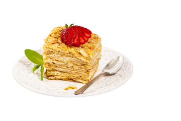 Puff Pastry Napoleon Cake Isolated on a white background. Selective focus.