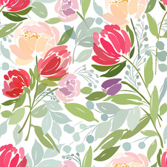 Seamless pattern with a bouquet of peonies and leaves on a white background.