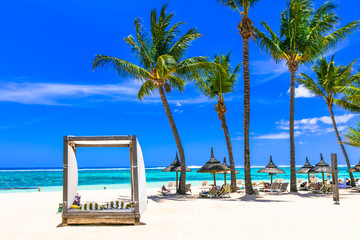 Lasy tropical holidays. white sandy beach in Mauritius island