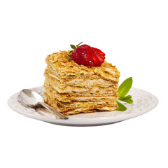Puff Pastry Napoleon Cake Isolated on a white background. Selective focus.