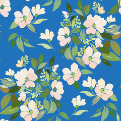 Seamless pattern with a delicate bouquet of flowers and green leaves on a blue background.