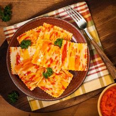 Roasted Pumpkin Gourmet Pasta Ravioli Main Dish. Selective focus.