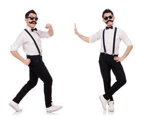 Young man with moustache isolated on white