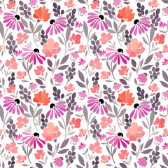 Seamless pattern with abstract flowers daisies, peonies and small meadow flowers.
