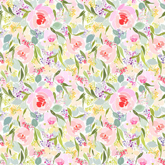  Seamless pattern with abstract flowers peonies, mimosa, lilac, and foliage, floral pattern in pastel colors of pink.
