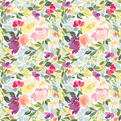 Seamless pattern with bright abstract flowers peonies, tulips and green leaves