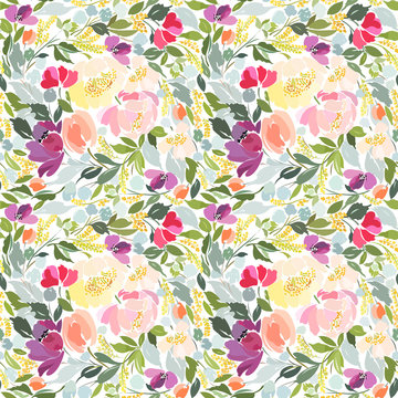 Seamless pattern with bright abstract flowers peonies, tulips and green leaves