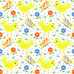seamless pattern with chickens and butterflies on a white background