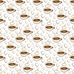 Seamless pattern with cups of coffee, contour hearts, couples on cup.