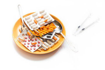 Dependence of tablets / hypochondria / concept / white background.