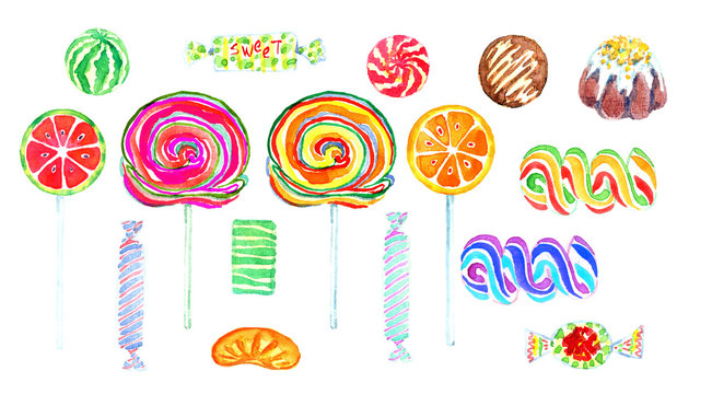 Fruity lollipops sweet bright colors candies set,  hand painted watercolor illustration