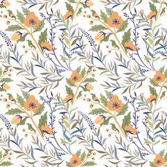 seamless pattern with meadow flowers and poppies on a white background, field grass, plants, herbs