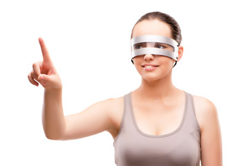 Techno girl pressing virtual button isolated on white