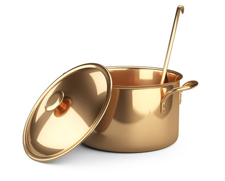 Golden Saucepan, Ladle And Lid, Top Wiev.