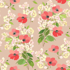 Seamless pattern with poppies and spring blooming twig on a light beige background.