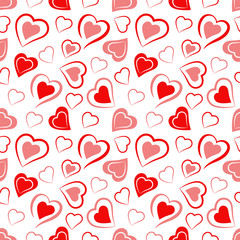 Seamless pattern with red hearts on a white background, abstract drawing, pink, red shades.