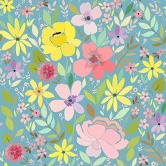 Seamless pattern with summer garden flowers, foliage and grass on a gray blue background.