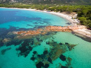 Fototapeta premium Aerial view of Palombaggia beach in Corsica Island in France