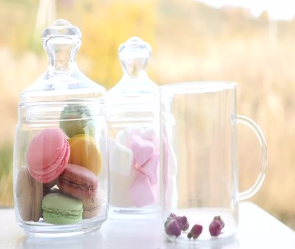 Cup of mint tea with macarons and marshmallows. Beautiful sunny day in spring. Green and yellow background. French bakery with hot tea. Tasty breakfast, spring mood. 