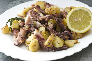 octopus salad with potatoes in a dish